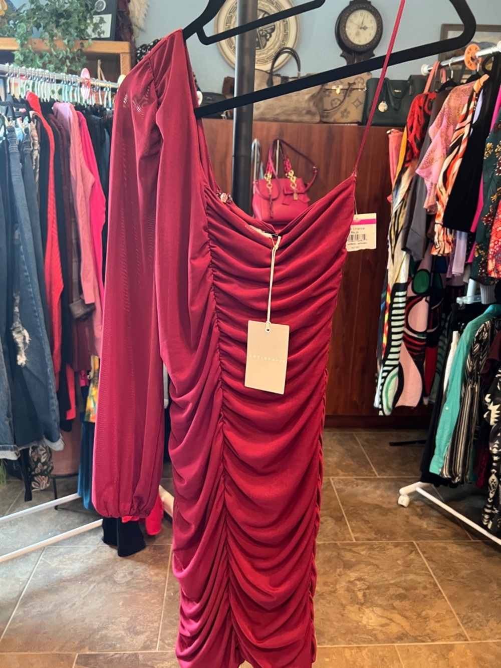 Chelsea28 One-Shoulder Ruched Dress in Berry